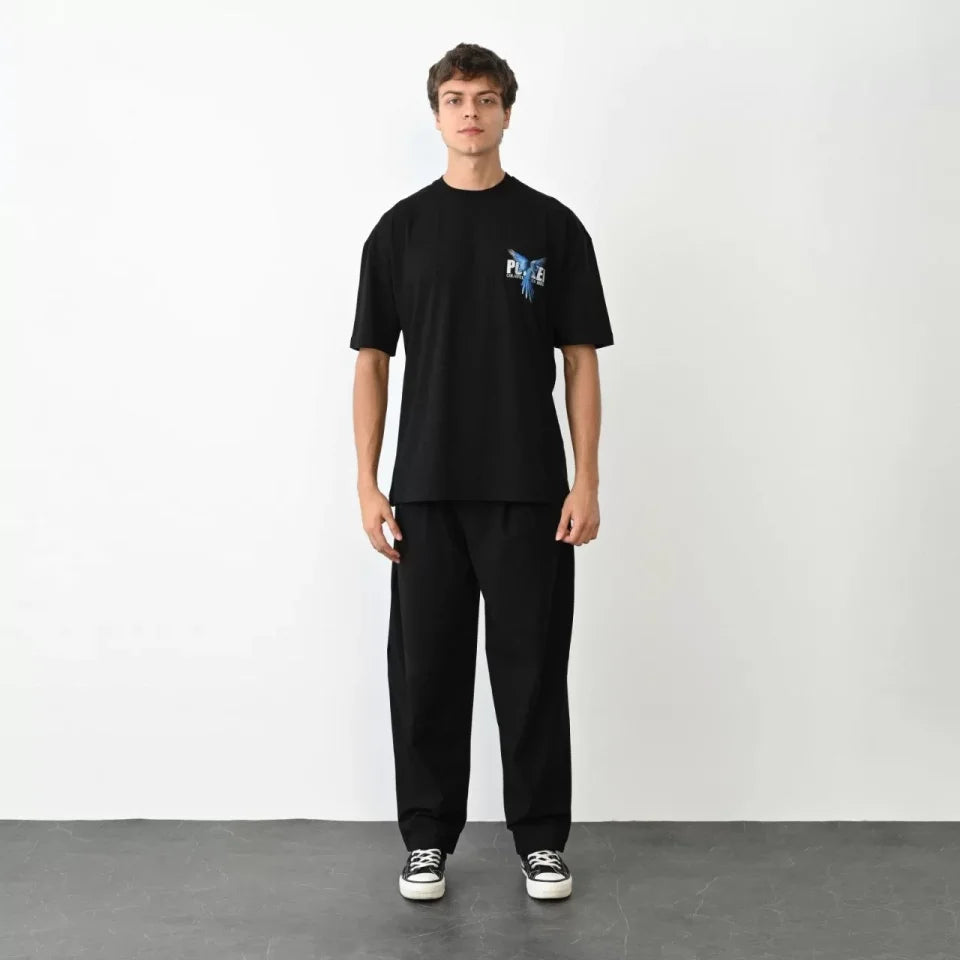 Unisex Bisiklet Yaka Baskılı Oversize T-Shirt - Siyah (104380)