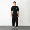 Unisex Bisiklet Yaka Baskılı Oversize T-Shirt - Siyah (104380)
