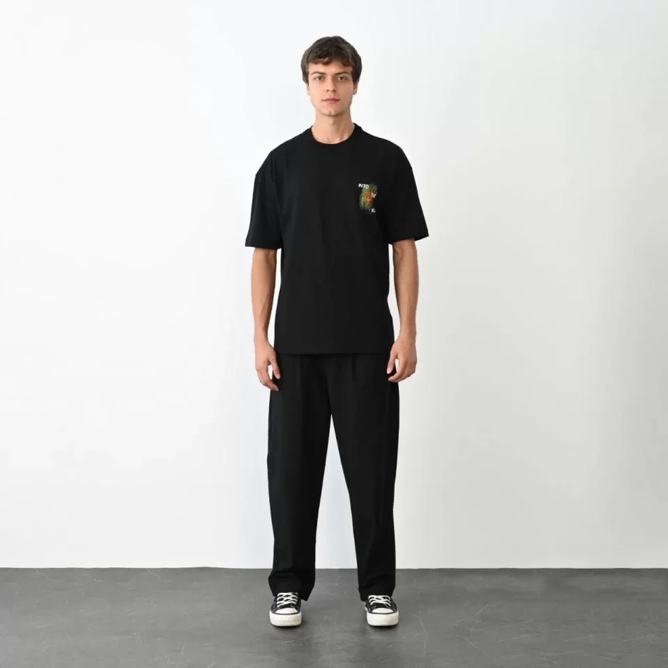 Unisex Bisiklet Yaka Baskılı Oversize T-Shirt - Siyah (104383)