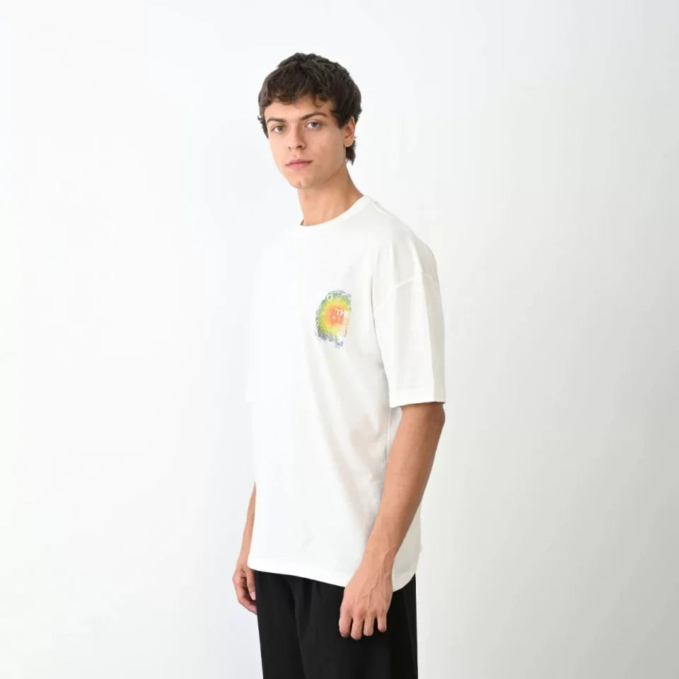 Unisex Bisiklet Yaka Baskılı Oversize T-Shirt - Beyaz (104384)