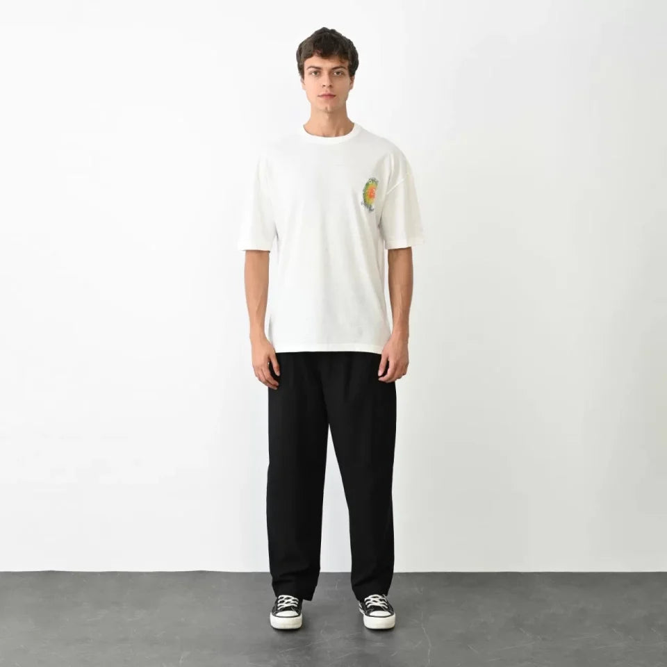 Unisex Bisiklet Yaka Baskılı Oversize T-Shirt - Beyaz (104384)