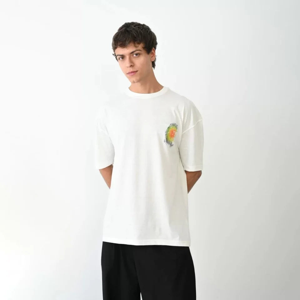 Unisex Bisiklet Yaka Baskılı Oversize T-Shirt - Beyaz (104384)