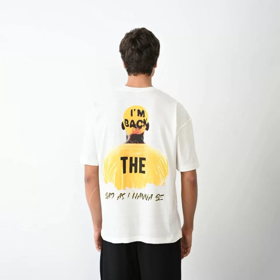 Unisex Bisiklet Yaka Baskılı Oversize T-Shirt - Beyaz (104387)