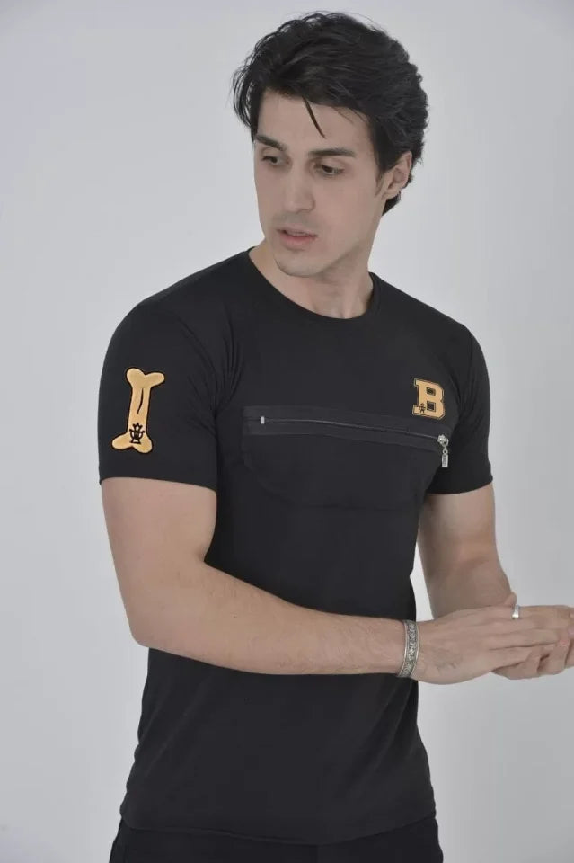 Unisex Göğüs Fermuarlı Baskılı T-Shirt - Siyah (104403)