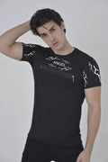 Unisex Göğüs Fermuarlı Baskılı T-Shirt - Siyah (104404)