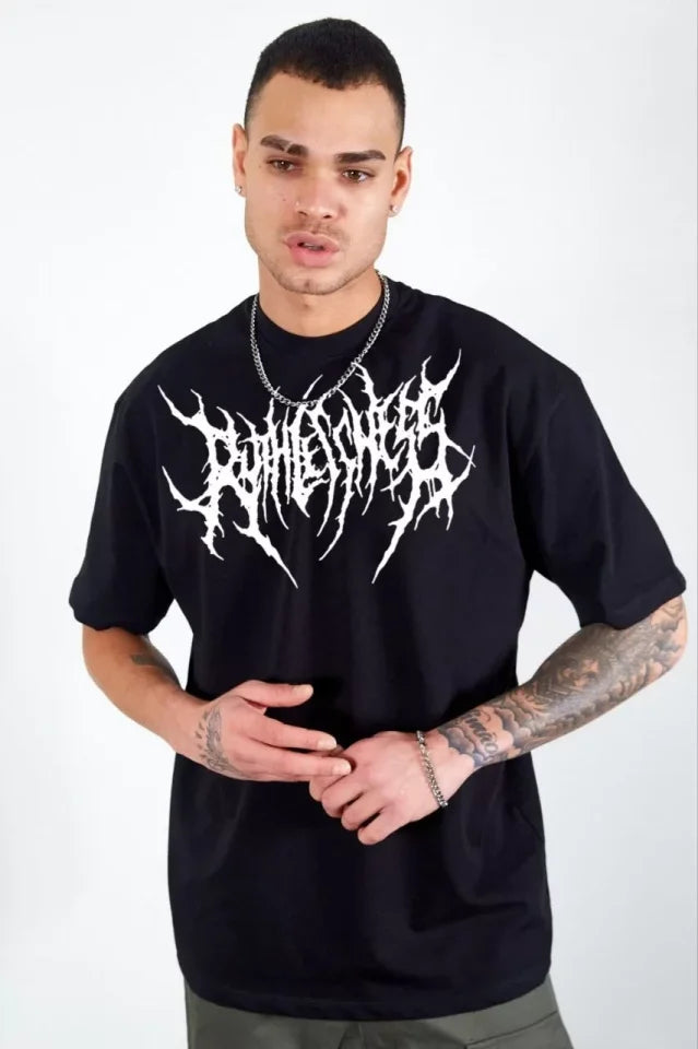 Unisex Bisiklet Yaka Baskılı Oversize T-Shirt - Siyah (104406)