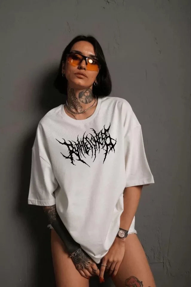 Unisex Bisiklet Yaka Baskılı Oversize T-Shirt - Beyaz (104407)