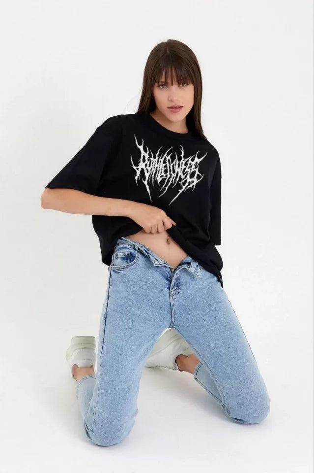 Unisex Bisiklet Yaka Baskılı Oversize T-Shirt - Siyah (104408)