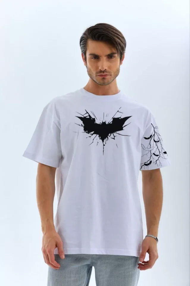 Unisex Ön Ve Kol Baskılı Oversize T-shirt - Beyaz (104740)