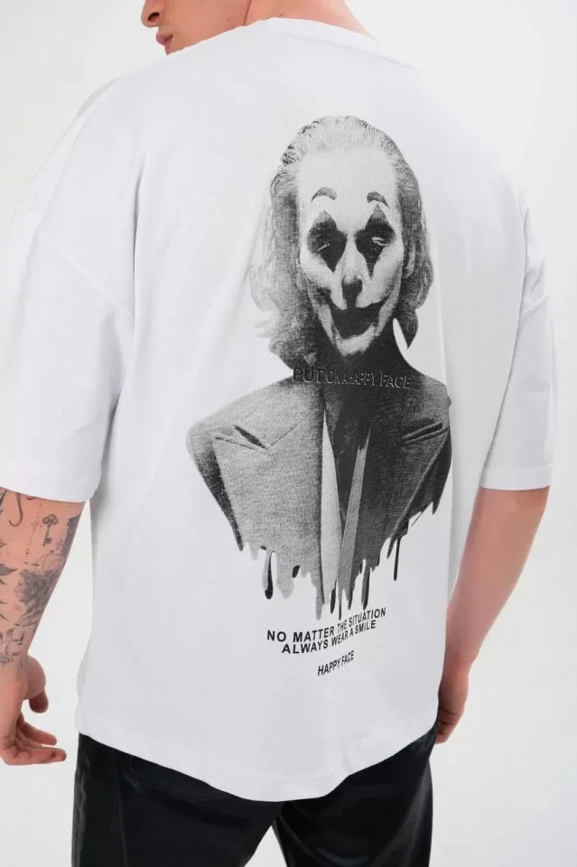 Unisex Bisiklet Yaka Baskılı Oversize T-Shirt - Beyaz (105161)