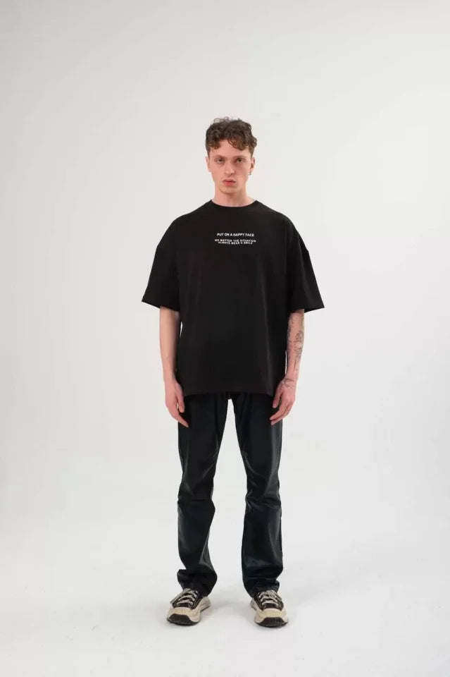 Unisex Bisiklet Yaka Baskılı Oversize T-Shirt - Siyah (105171)
