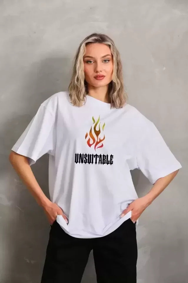 Unisex Bisiklet Yaka Baskılı Oversize T-Shirt - Beyaz (106707)