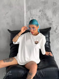 Unisex Bisiklet Yaka Baskılı Oversize T-Shirt - Beyaz (106710)