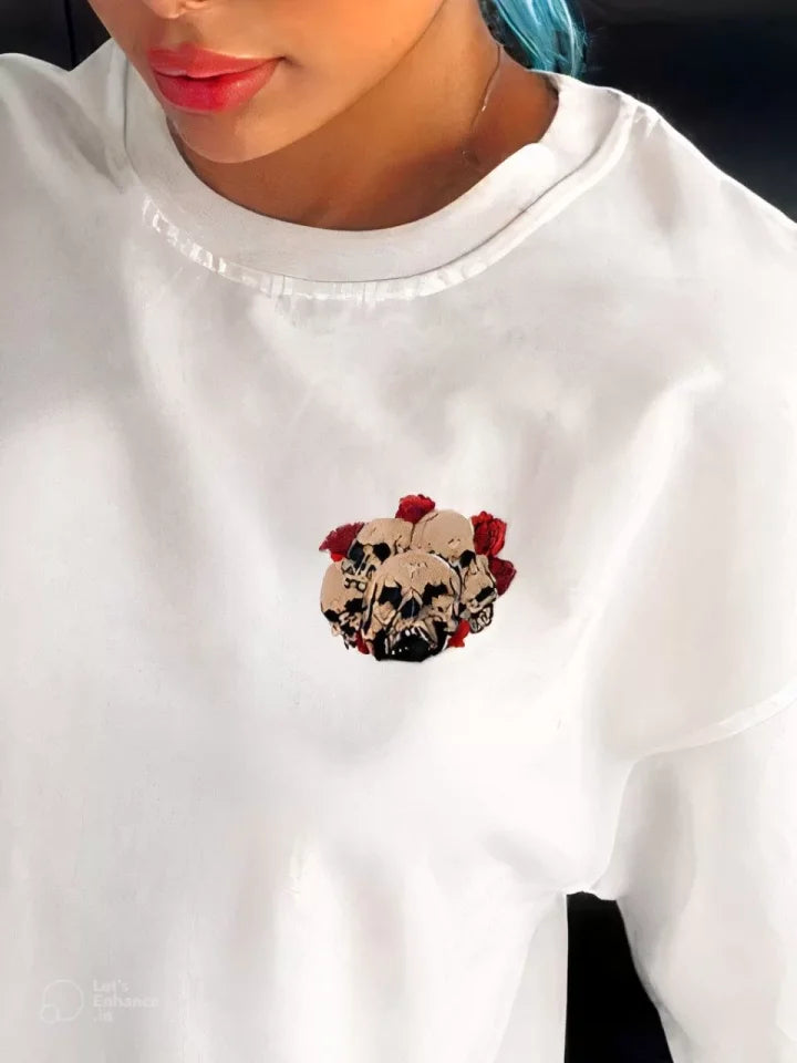 Unisex Bisiklet Yaka Baskılı Oversize T-Shirt - Beyaz (106710)