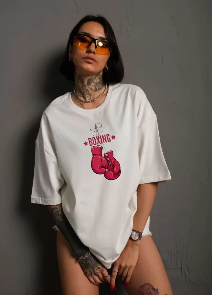 Unisex Bisiklet Yaka Baskılı Oversize T-Shirt - Beyaz (106716)