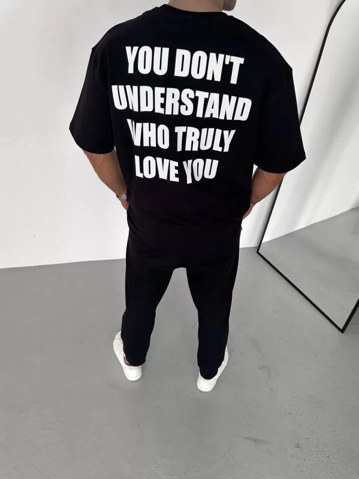Unisex Bisiklet Yaka Baskılı Oversize T-Shirt - Siyah (106724)