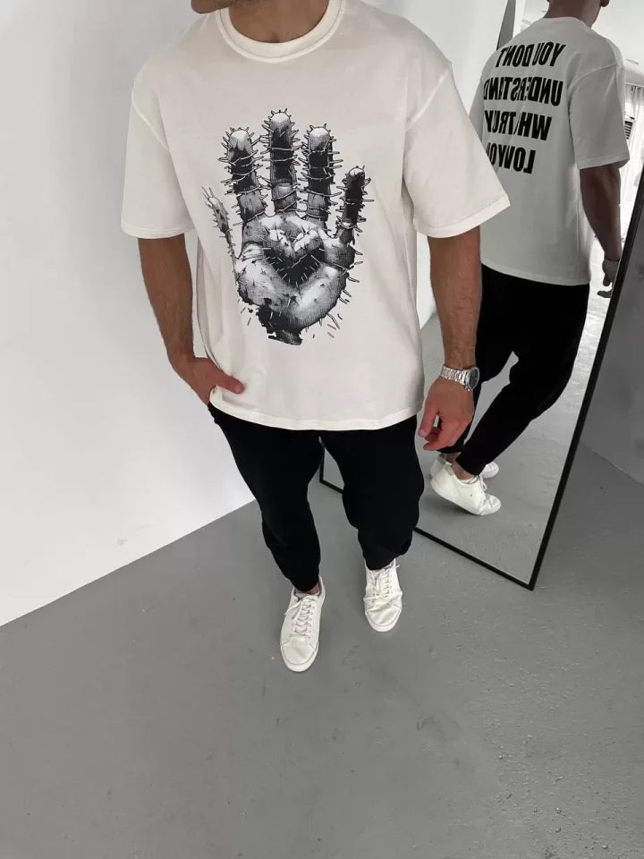 Unisex Bisiklet Yaka Baskılı Oversize T-Shirt - Beyaz (106725)