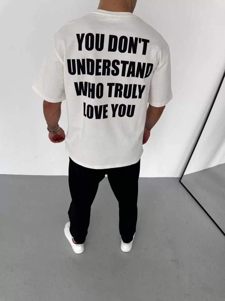 Unisex Bisiklet Yaka Baskılı Oversize T-Shirt - Beyaz (106725)
