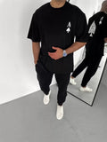 Unisex Bisiklet Yaka Baskılı Oversize T-Shirt - Siyah (106729)