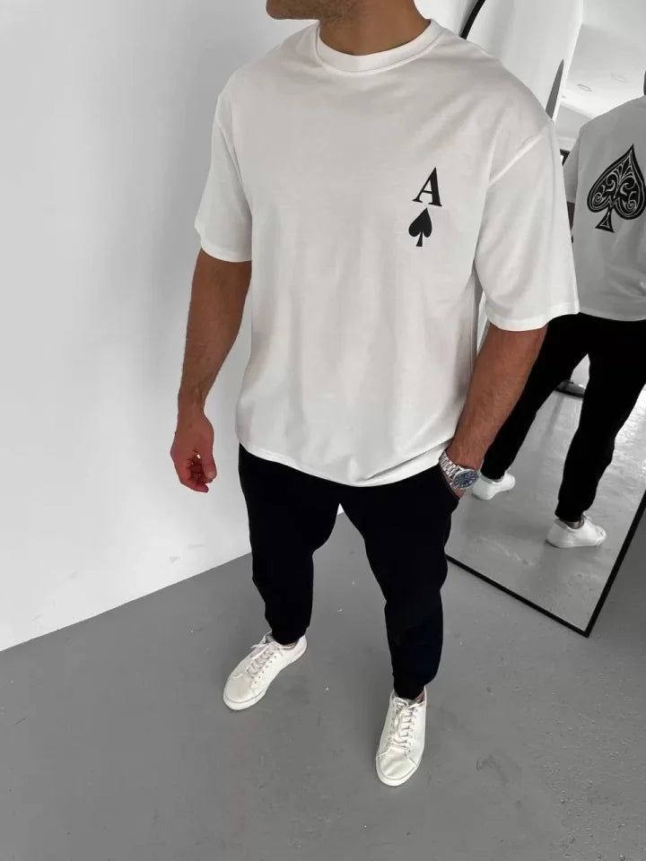 Unisex Bisiklet Yaka Baskılı Oversize T-Shirt - Beyaz (106730)