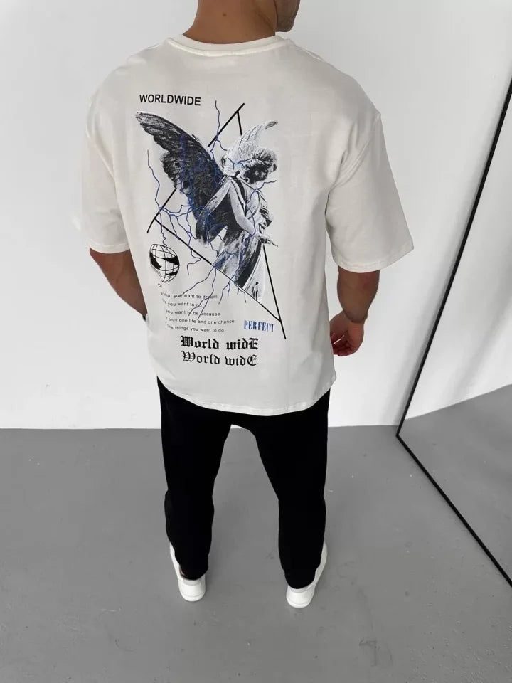 Unisex Bisiklet Yaka Baskılı Oversize T-Shirt - Beyaz (106743)
