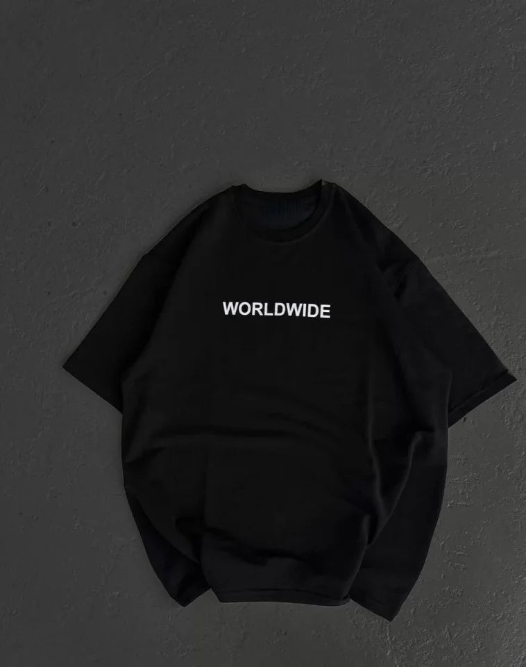 Unisex Bisiklet Yaka Baskılı Oversize T-Shirt - Siyah (106744)