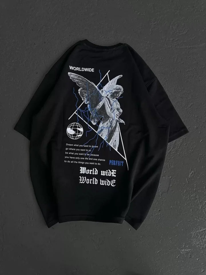 Unisex Bisiklet Yaka Baskılı Oversize T-Shirt - Siyah (106744)