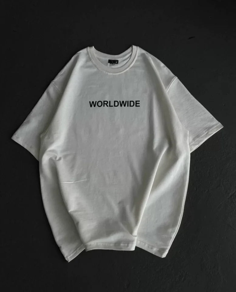 Unisex Bisiklet Yaka Baskılı Oversize T-Shirt - Beyaz (106745)