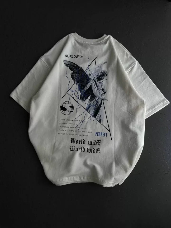 Unisex Bisiklet Yaka Baskılı Oversize T-Shirt - Beyaz (106745)