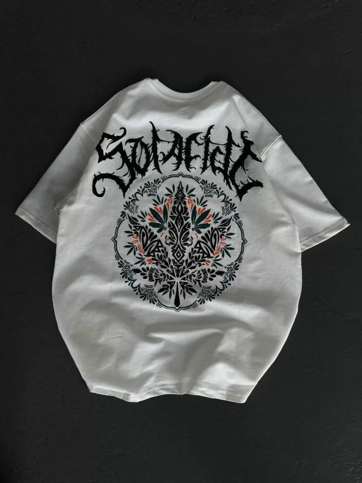Unisex Bisiklet Yaka Baskılı Oversize T-Shirt - Beyaz (106750)