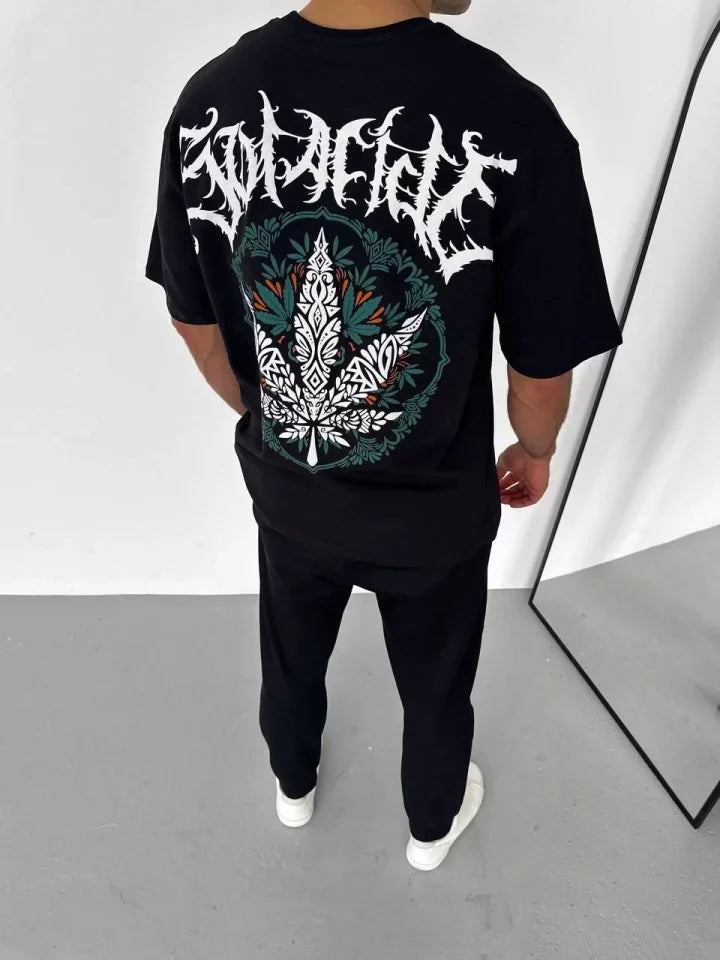 Unisex Bisiklet Yaka Baskılı Oversize T-Shirt - Siyah (106752)