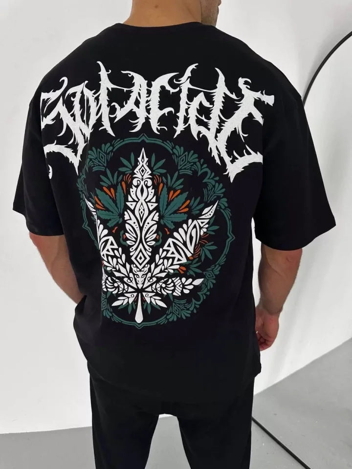 Unisex Bisiklet Yaka Baskılı Oversize T-Shirt - Siyah (106752)