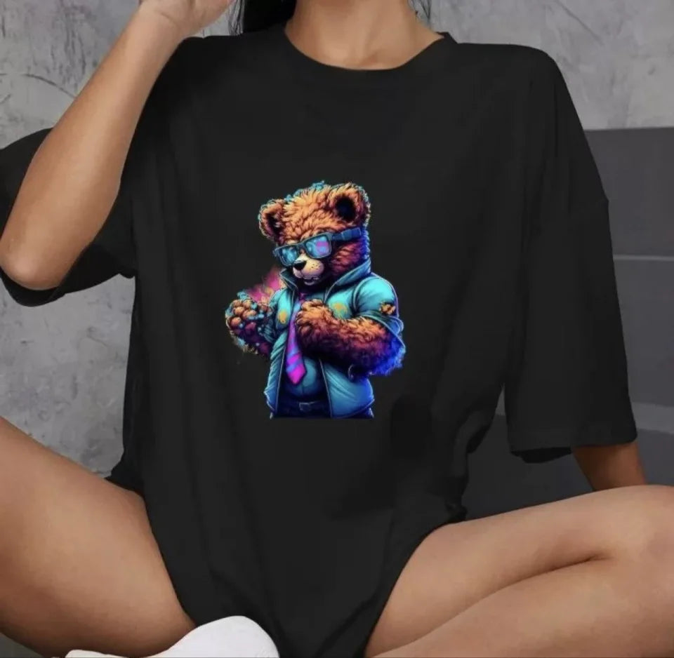 Unisex Bisiklet Yaka Baskılı Oversize T-Shirt - Siyah (106754)
