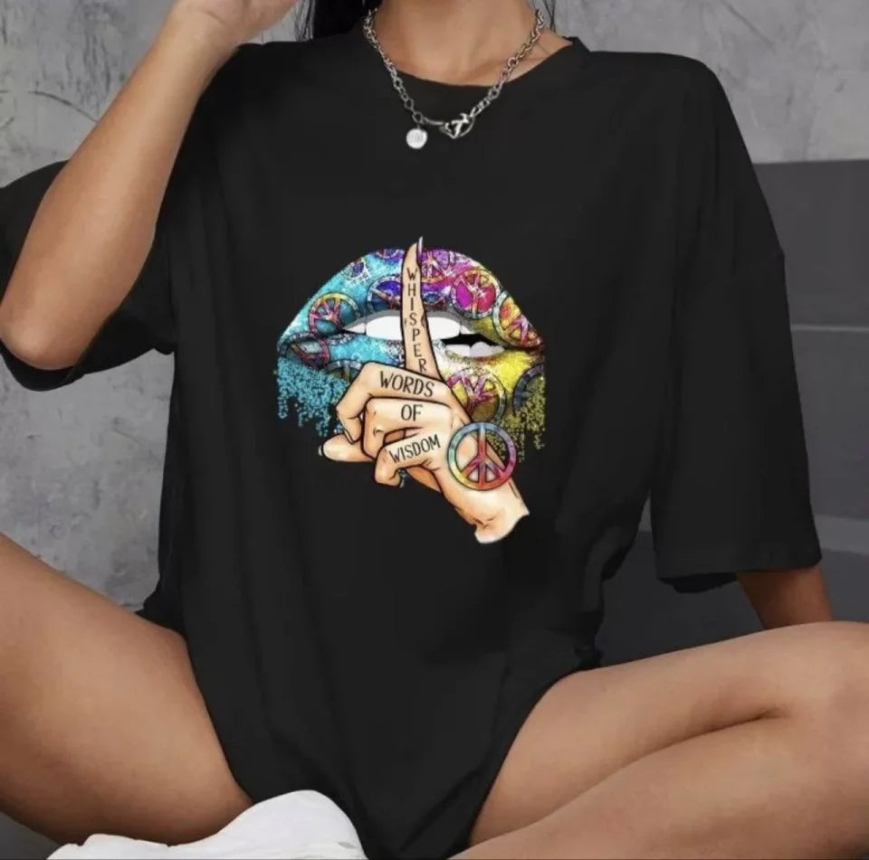 Unisex Bisiklet Yaka Baskılı Oversize T-Shirt - Siyah (106755)