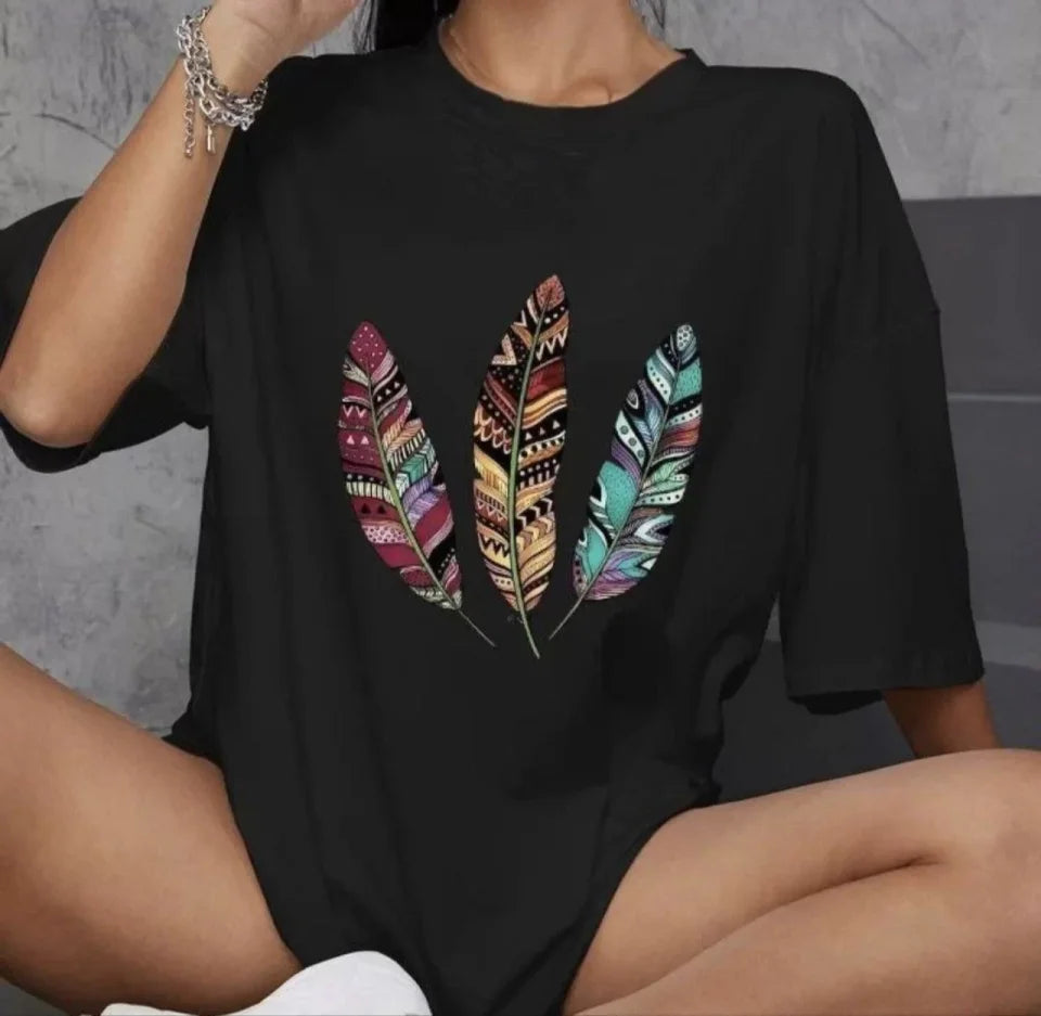 Unisex Bisiklet Yaka Baskılı Oversize T-Shirt - Siyah (106801)