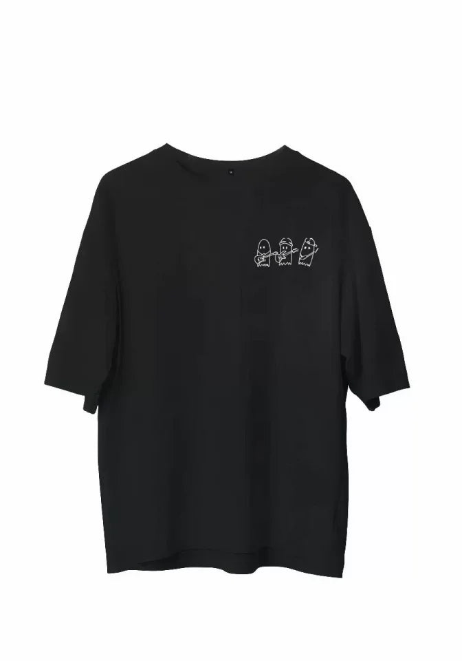 Unisex Bisiklet Yaka Baskılı Oversize T-Shirt - Siyah (107792)