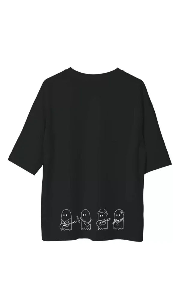 Unisex Bisiklet Yaka Baskılı Oversize T-Shirt - Siyah (107792)