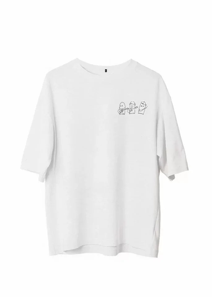 Unisex Bisiklet Yaka Baskılı Oversize T-Shirt - Beyaz (107793)