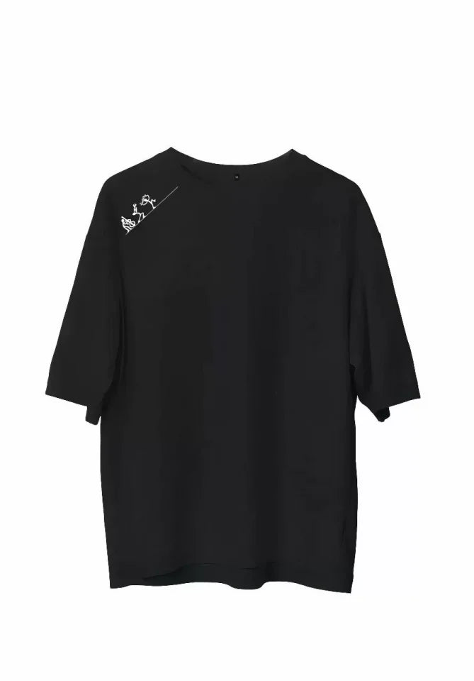 Unisex Bisiklet Yaka Baskılı Oversize T-Shirt - Siyah (107796)