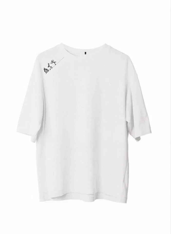 Unisex Bisiklet Yaka Baskılı Oversize T-Shirt - Beyaz (107797)