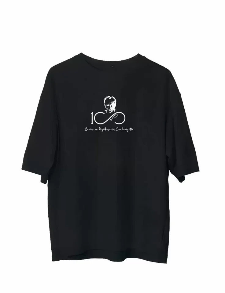 Unisex Bisiklet Yaka Baskılı Oversize T-Shirt - Siyah (107798)