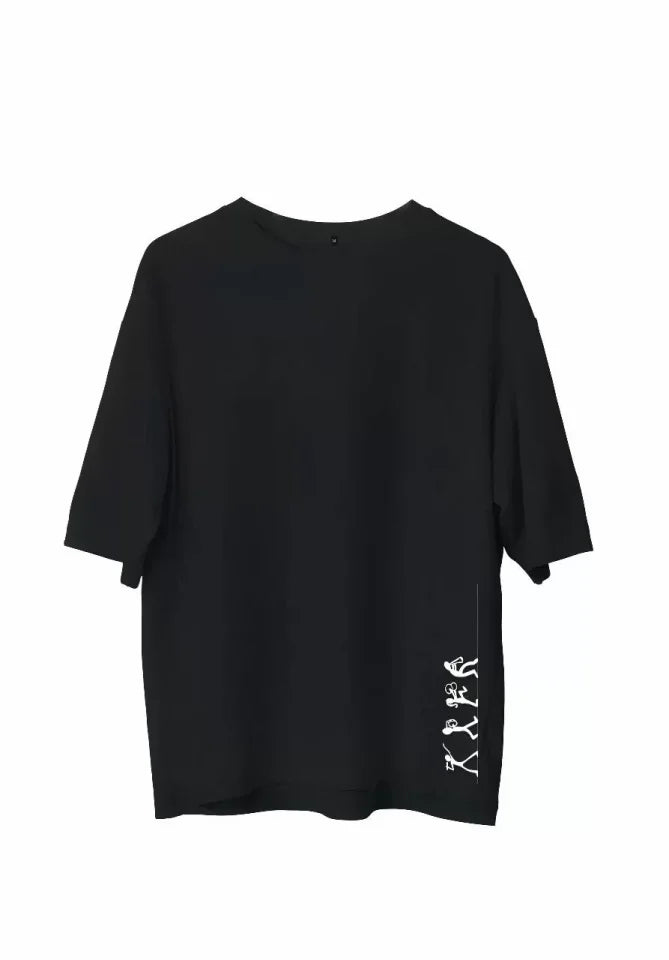 Unisex Bisiklet Yaka Baskılı Oversize T-Shirt - Siyah (107800)