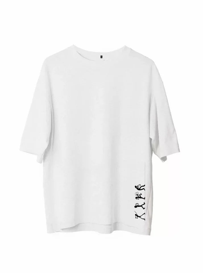 Unisex Bisiklet Yaka Baskılı Oversize T-Shirt - Beyaz (107801)