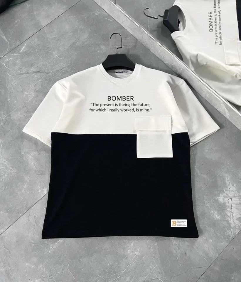 Unisex Torba Cep Detaylı  Parçalı T-Shirt - Siyah (107809)