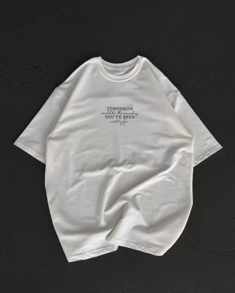 Unisex Bisiklet Yaka Baskılı Oversize T-Shirt - Beyaz (108503)