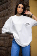 Unisex Bisiklet Yaka Baskılı Oversize T-Shirt - Beyaz (108567)