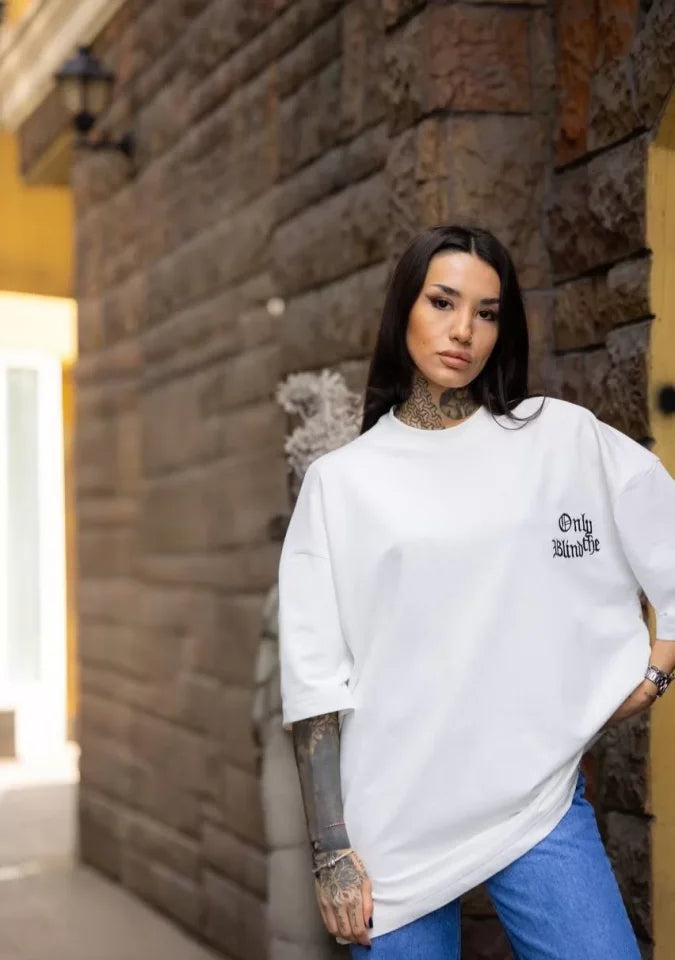 Unisex Bisiklet Yaka Baskılı Oversize T-Shirt - Beyaz (108567)