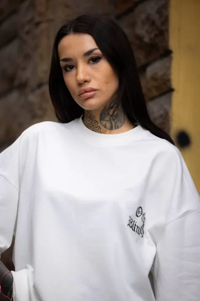 Unisex Bisiklet Yaka Baskılı Oversize T-Shirt - Beyaz (108567)