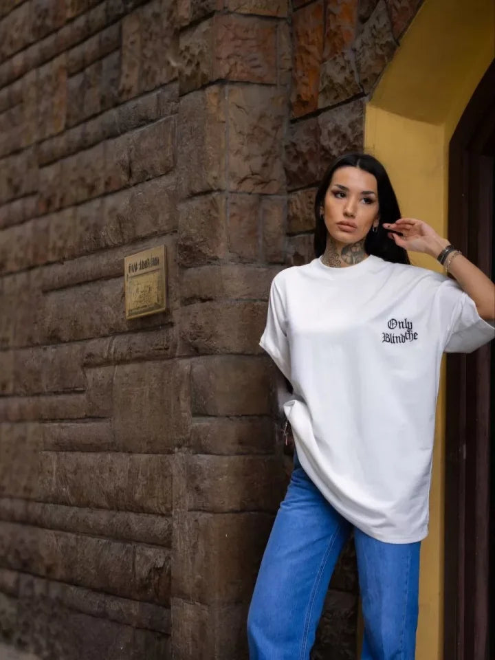 Unisex Bisiklet Yaka Baskılı Oversize T-Shirt - Beyaz (108567)