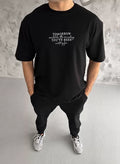 Unisex Bisiklet Yaka Baskılı Oversize T-Shirt - Siyah (108579)